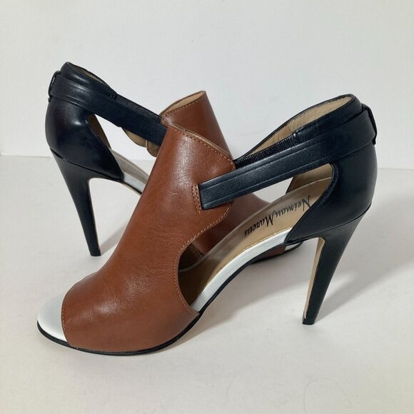 Womens Neiman Marcus Natal NM Leather Peep Toe Strap Back 3 Toned 4" Heels Brown - Picture 2 of 10